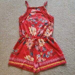 🌼 Mudd Rusty Red Floral Romper – Size XL (14), Adjustable Straps & Lace Detail